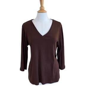 NWT Anne Klein Sport Cotton Chocolate Brown 3/4 Sleeve V-Neck T-Shirt, Size 2X